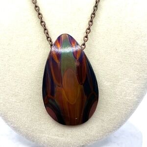 Copper Painted  Teardrop Pendant Necklace Artisan Made One of a kind Colorful